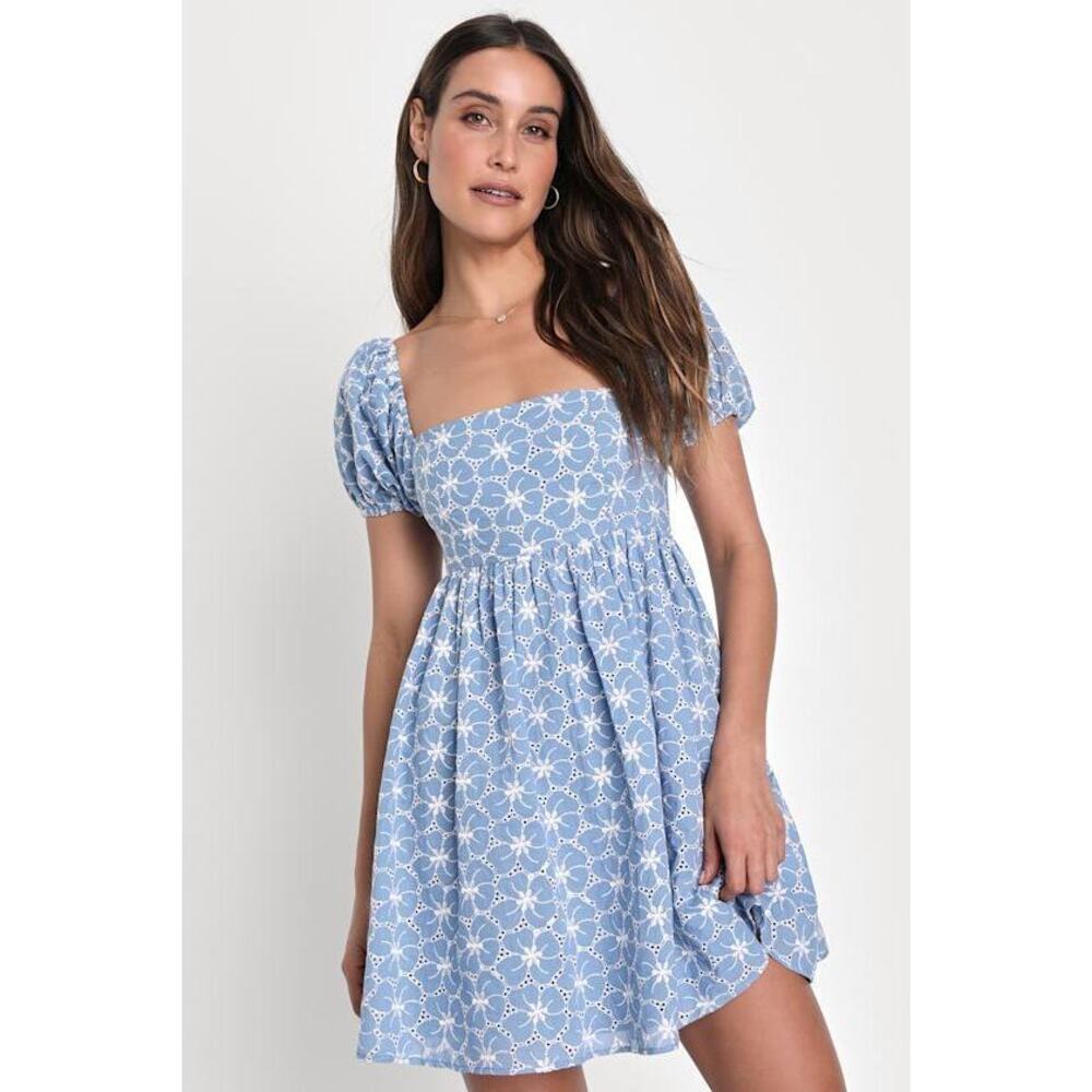 Lulus Fit To Frolic Blue Eyelet Lace Puff Sleeve Babydoll Dress - Size M